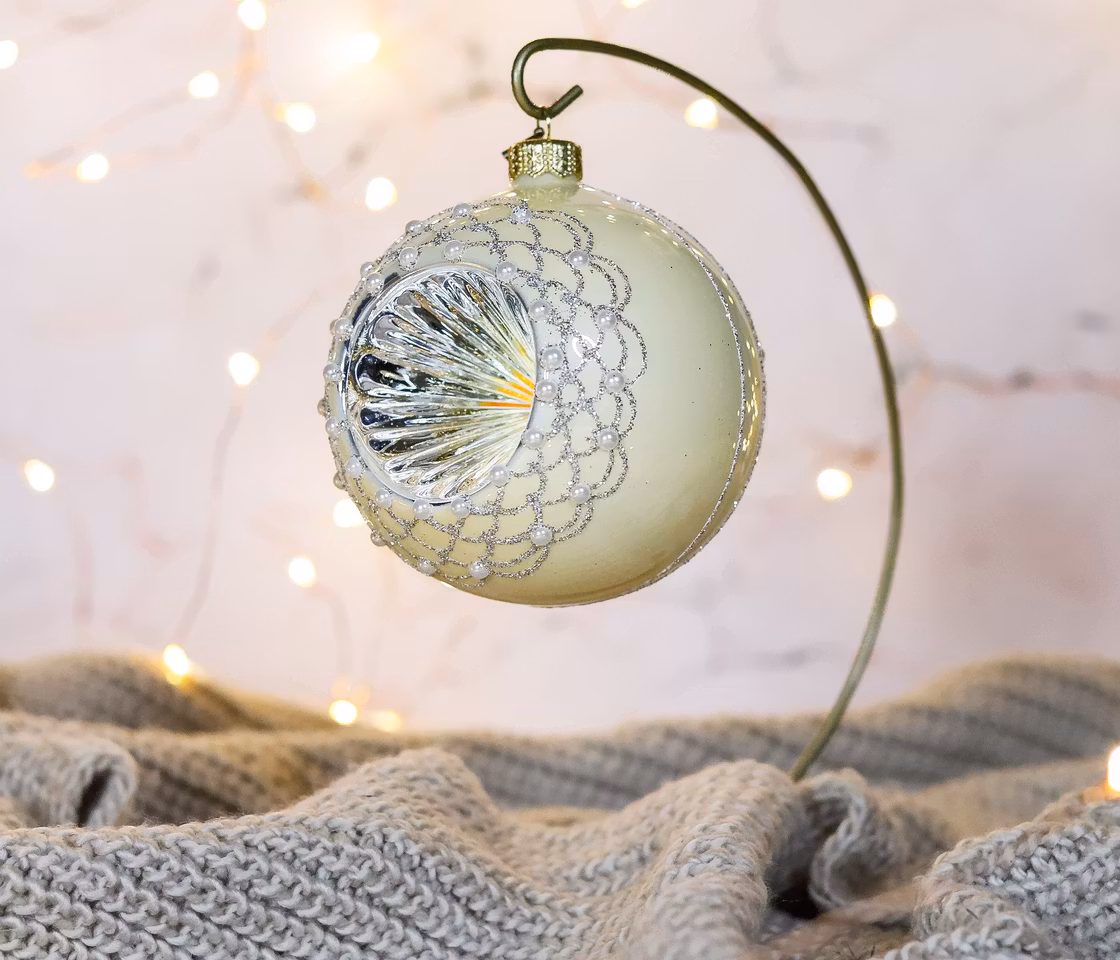 Nostalgia perle reflektor, 10 cm hånddekorert glasskule