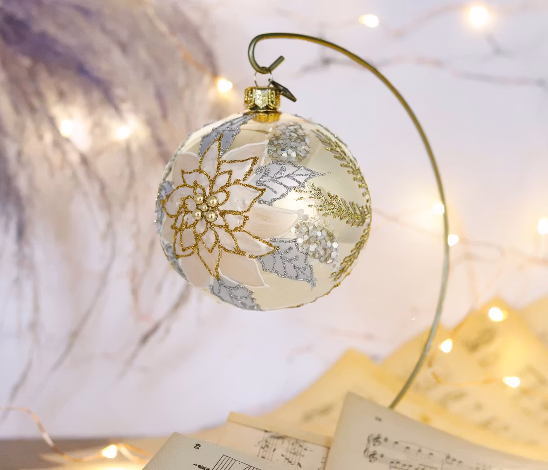 Vinterrosa, 10 cm hånddekorert glasskule