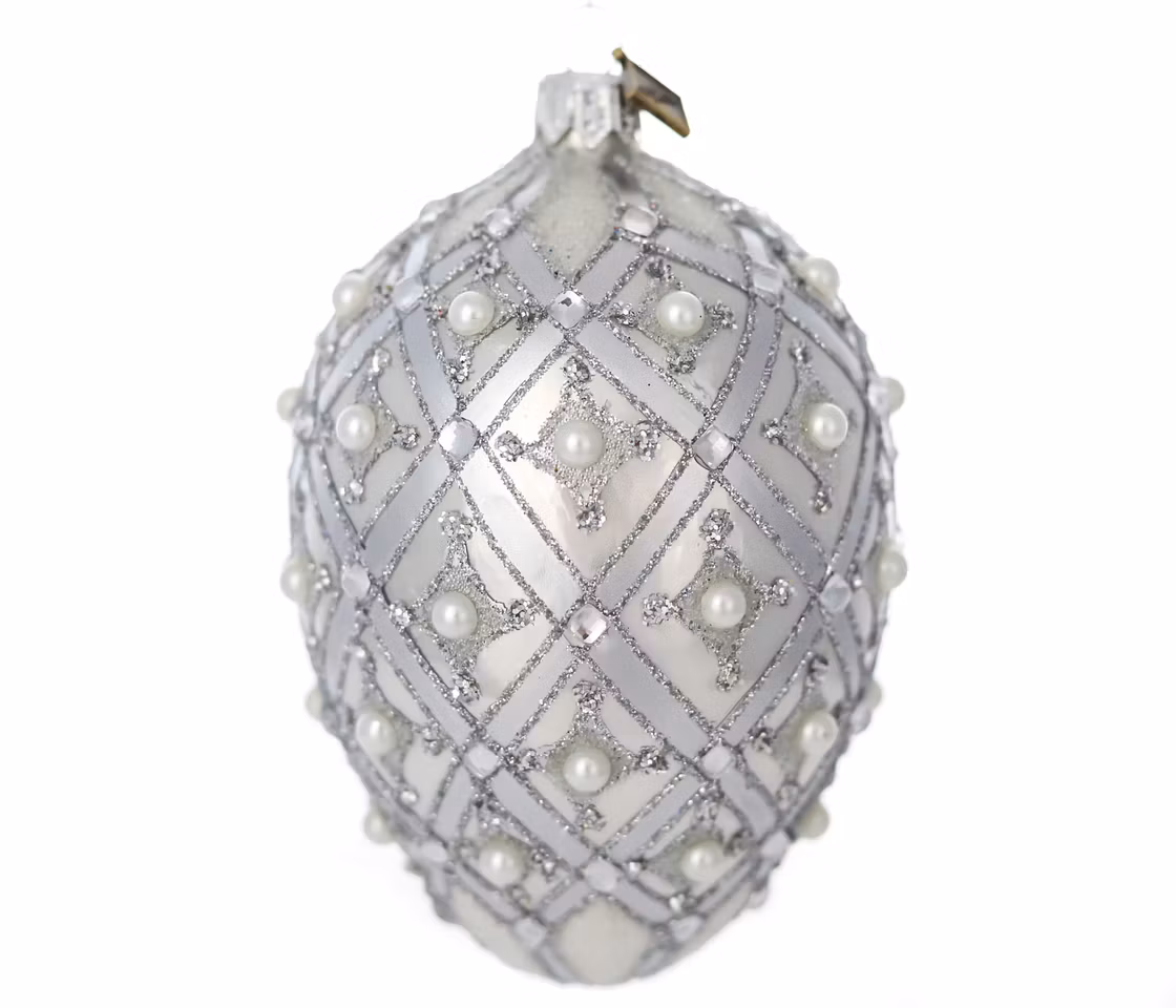 Perleegget, 13 cm hånddekorert glassegg