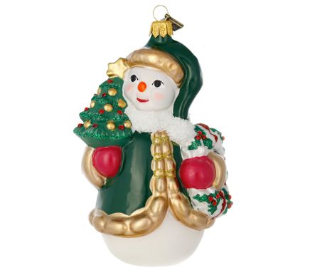 Snømannen med den grønne jakke, 12 cm hånddekorert glassfigur