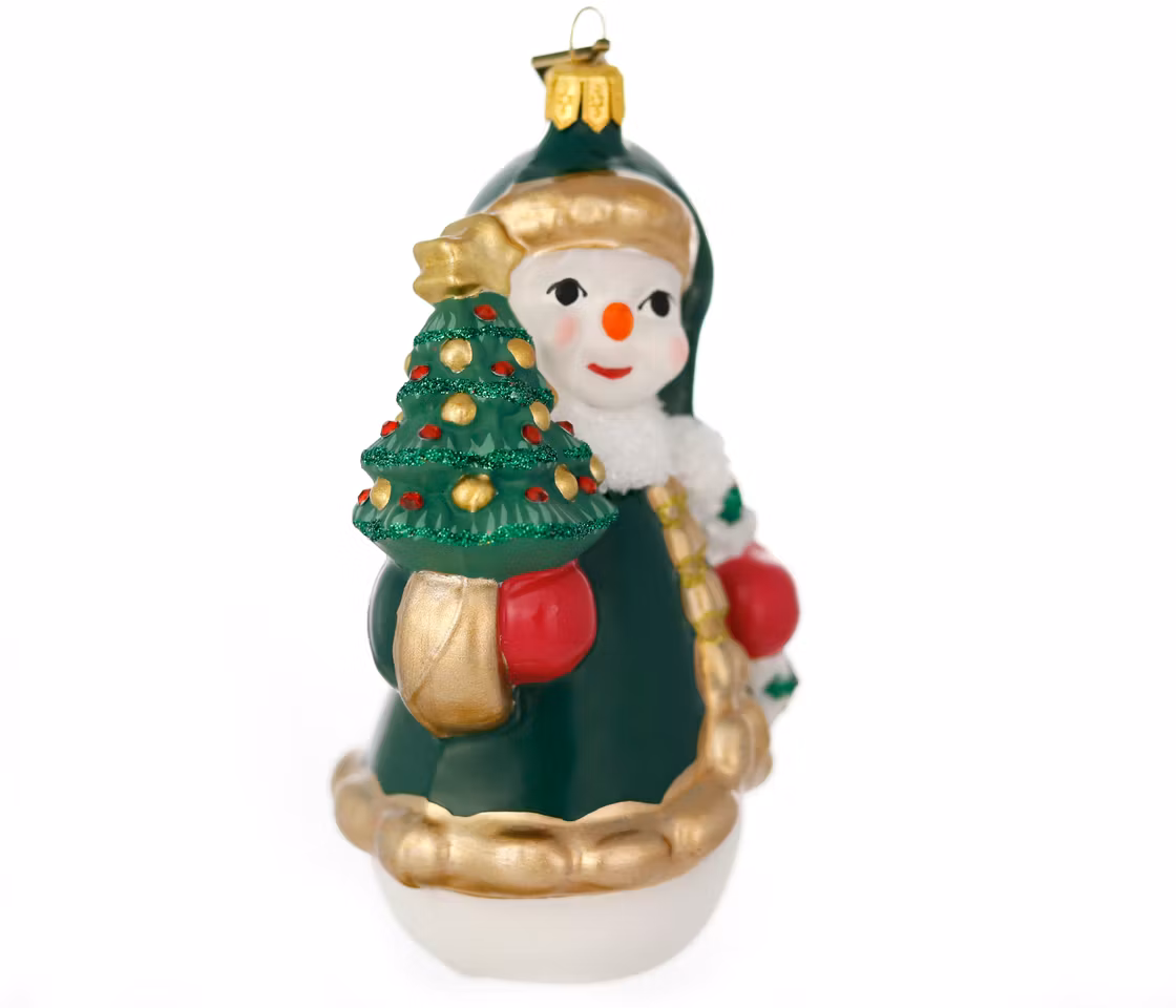 Snømannen med den grønne jakke, 12 cm hånddekorert glassfigur