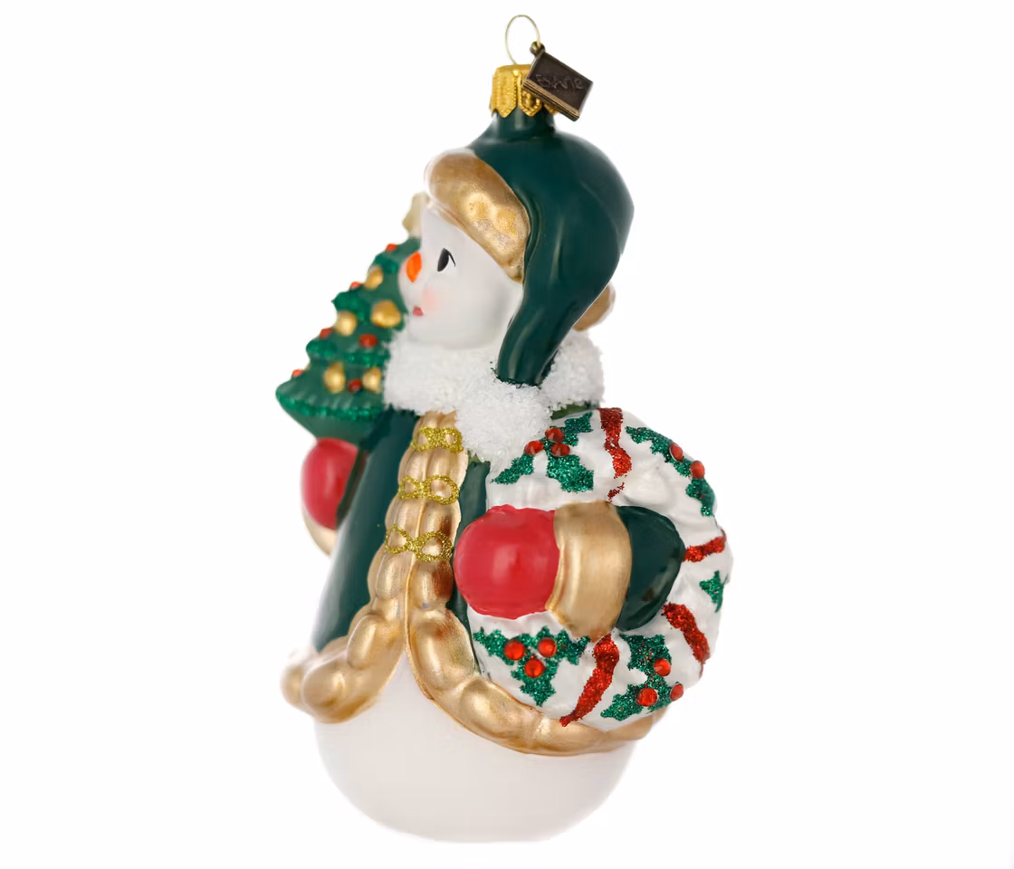 Snømannen med den grønne jakke, 12 cm hånddekorert glassfigur