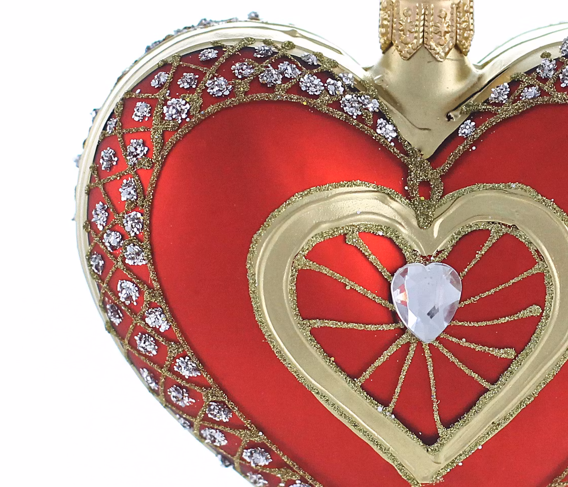 Rød kjærlighet, 9,5 cm hånddekorert glasshjerte
