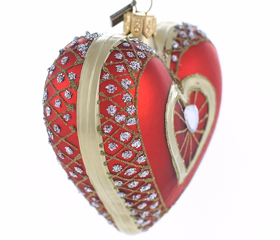 Rød kjærlighet, 9,5 cm hånddekorert glasshjerte