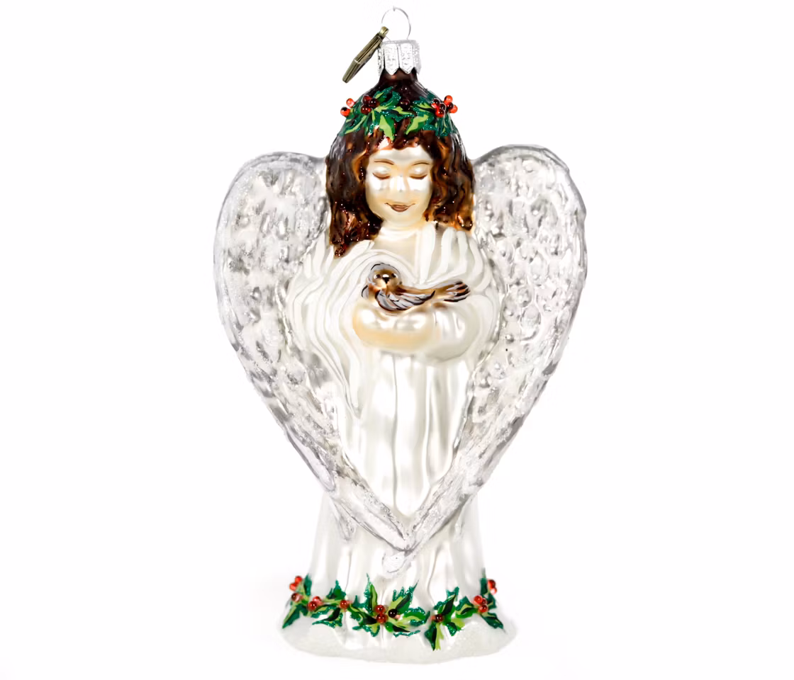 Engel med fugl, 14 cm hånddekorert glassfigur