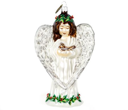 Engel med fugl, 14 cm hånddekorert glassfigur