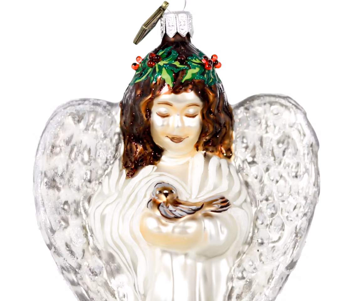 Engel med fugl, 14 cm hånddekorert glassfigur