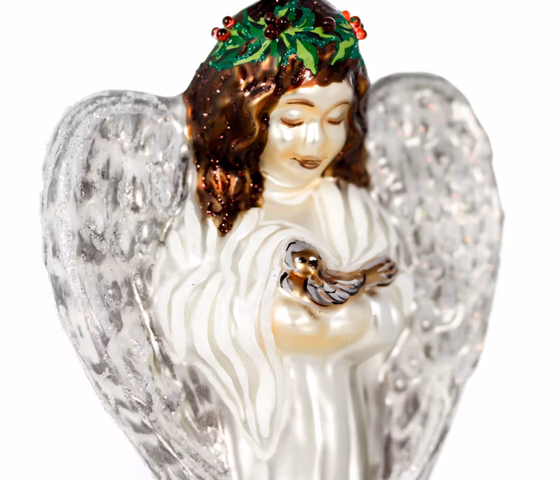 Engel med fugl, 14 cm hånddekorert glassfigur