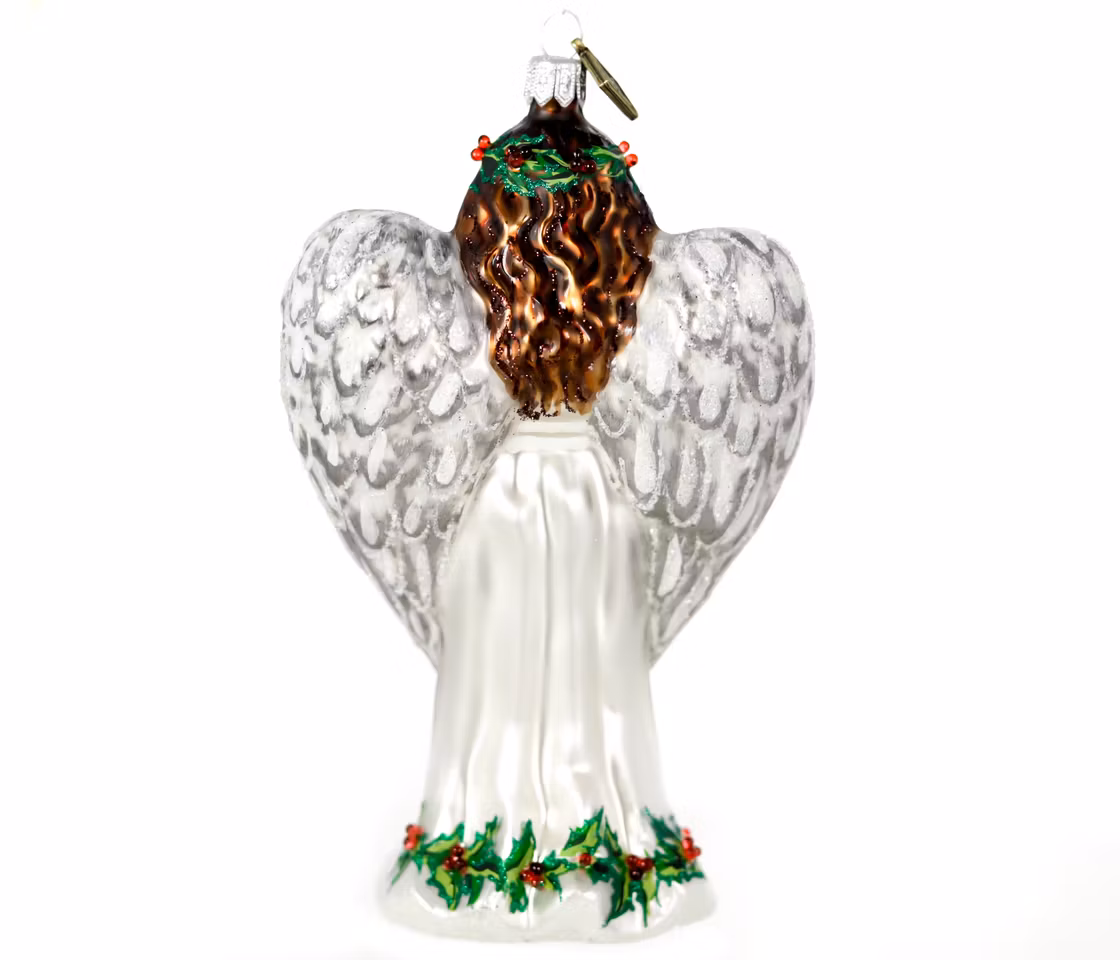 Engel med fugl, 14 cm hånddekorert glassfigur