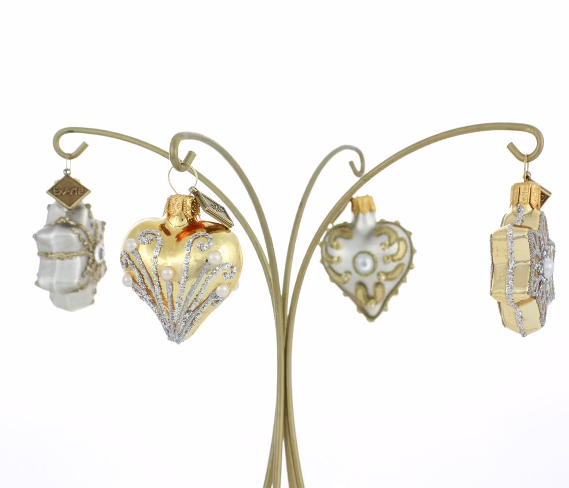 Hjerter & Stjerner, 4pk, 3 cm hånddekorerte glassornamenter