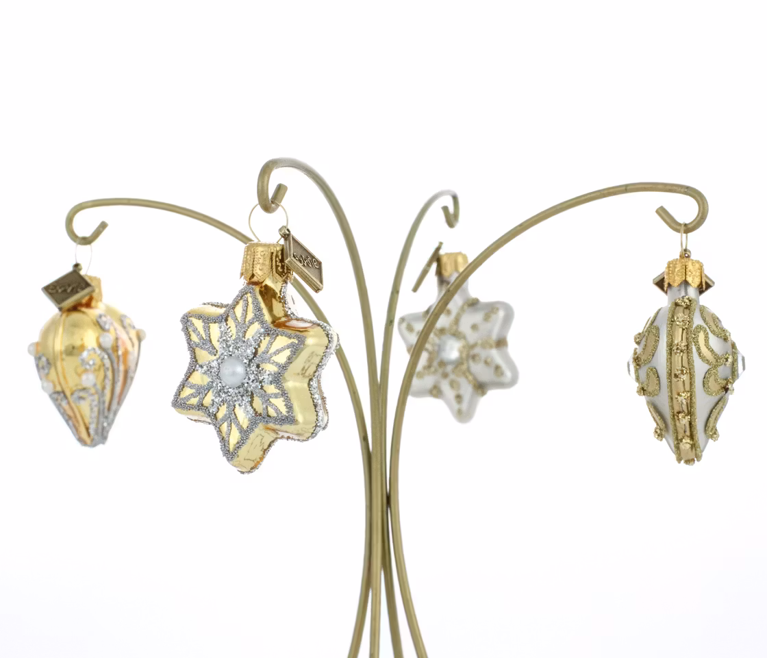 Hjerter & Stjerner, 4pk, 3 cm hånddekorerte glassornamenter