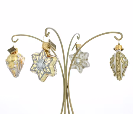 Hjerter & Stjerner, 4pk, 3 cm hånddekorerte glassornamenter