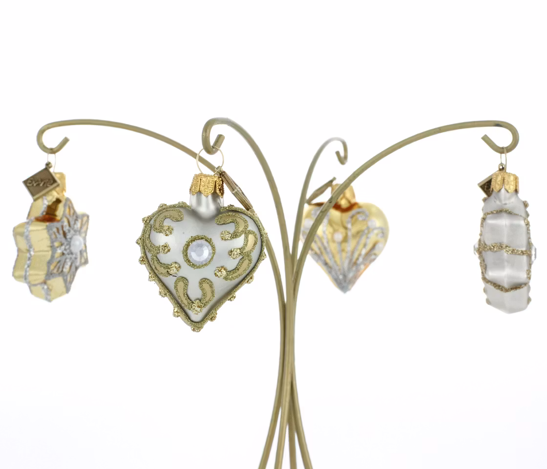 Hjerter & Stjerner, 4pk, 3 cm hånddekorerte glassornamenter