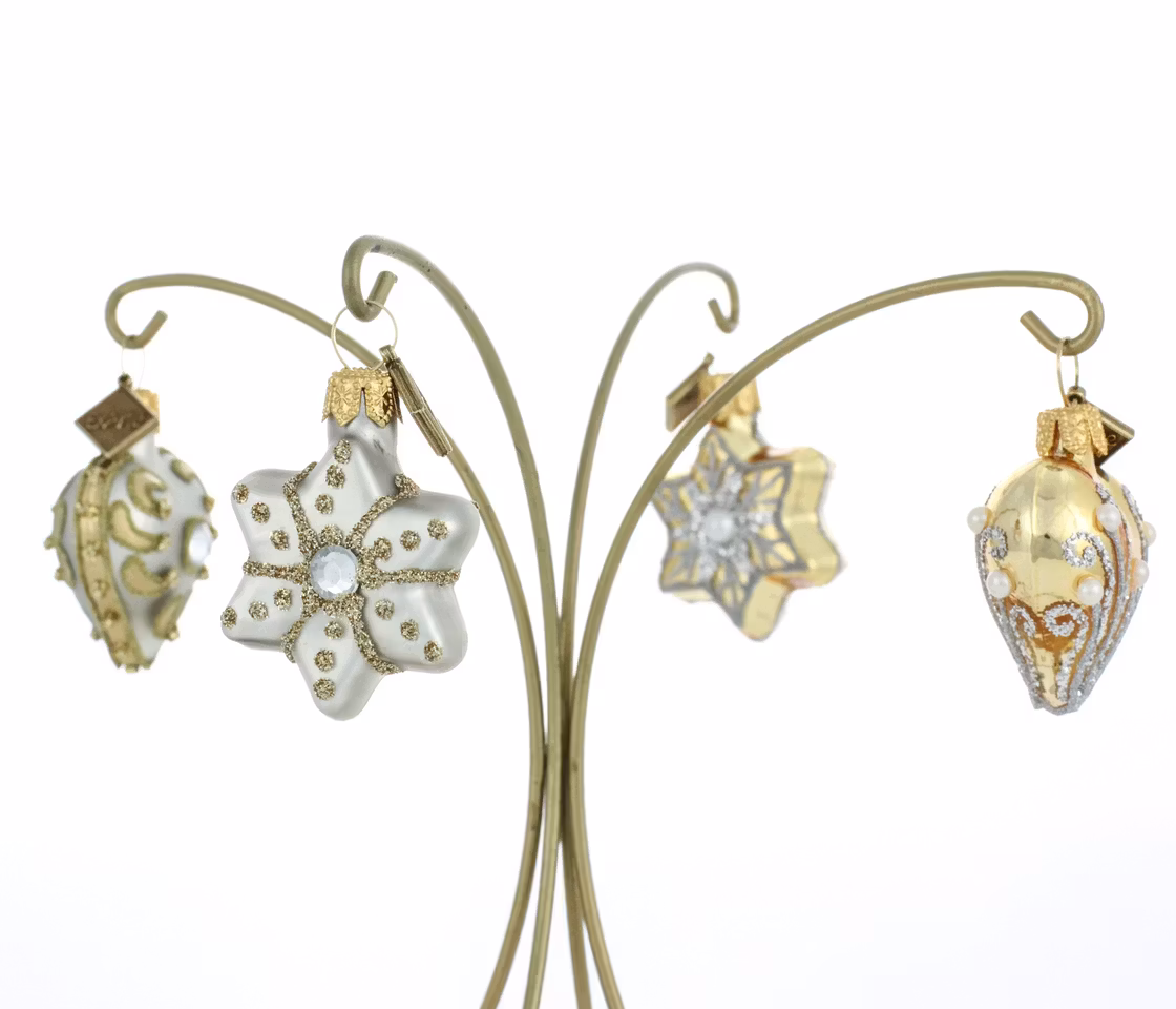 Hjerter & Stjerner, 4pk, 3 cm hånddekorerte glassornamenter