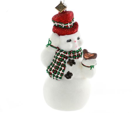 Snømann med fugl, 13 cm hånddekorert glassfigur
