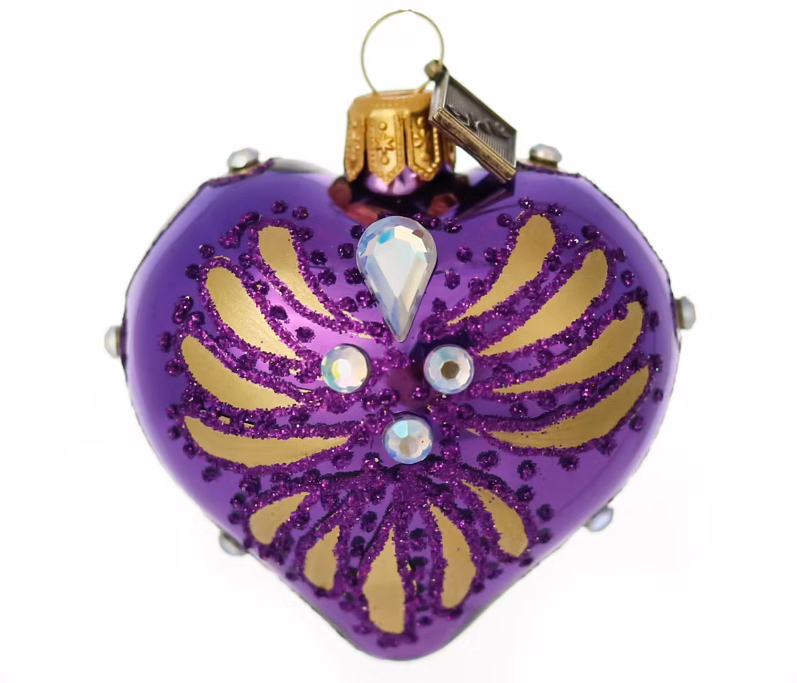 Lilla gullstråle, 5 cm hånddekorert glasshjerte