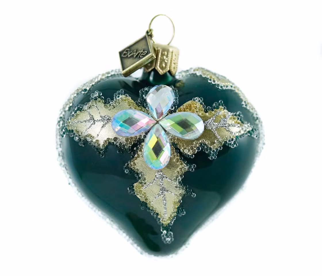 Sølvbladene, 5 cm hånddekorert glasshjerte