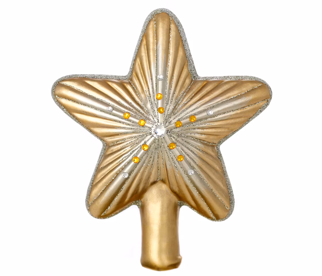 Gullstjerna, juletretopp 16,5 cm hånddekorert glassornament