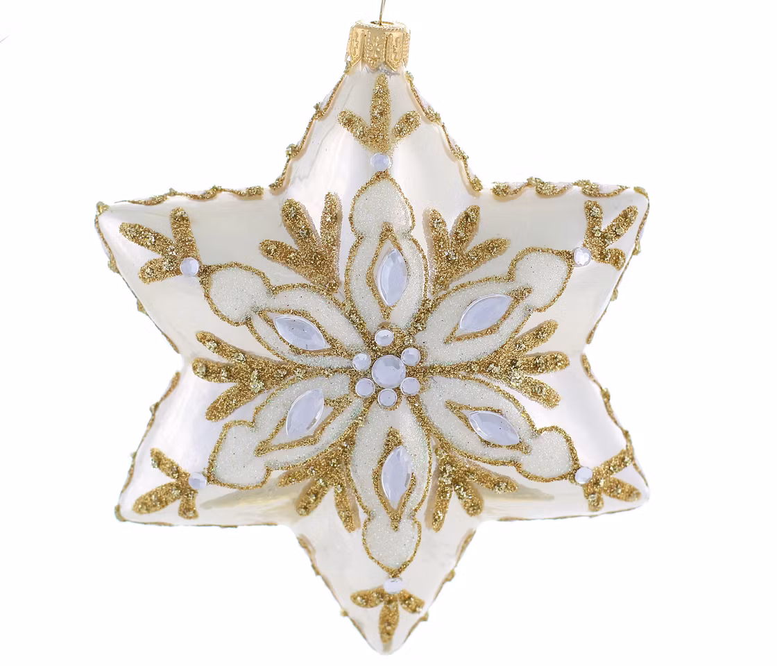 Skinnende stjerne, 12 cm hånddekorert glassornament