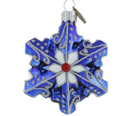 Frostblå snøkrystall, 7 cm hånddekorert glassornament