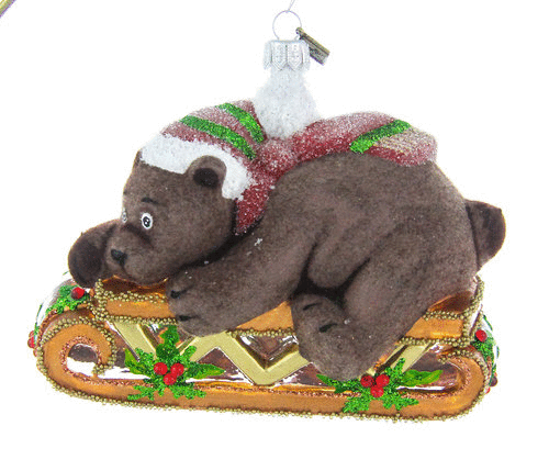 Bamsesleden, 13 cm hånddekorert glassfigur