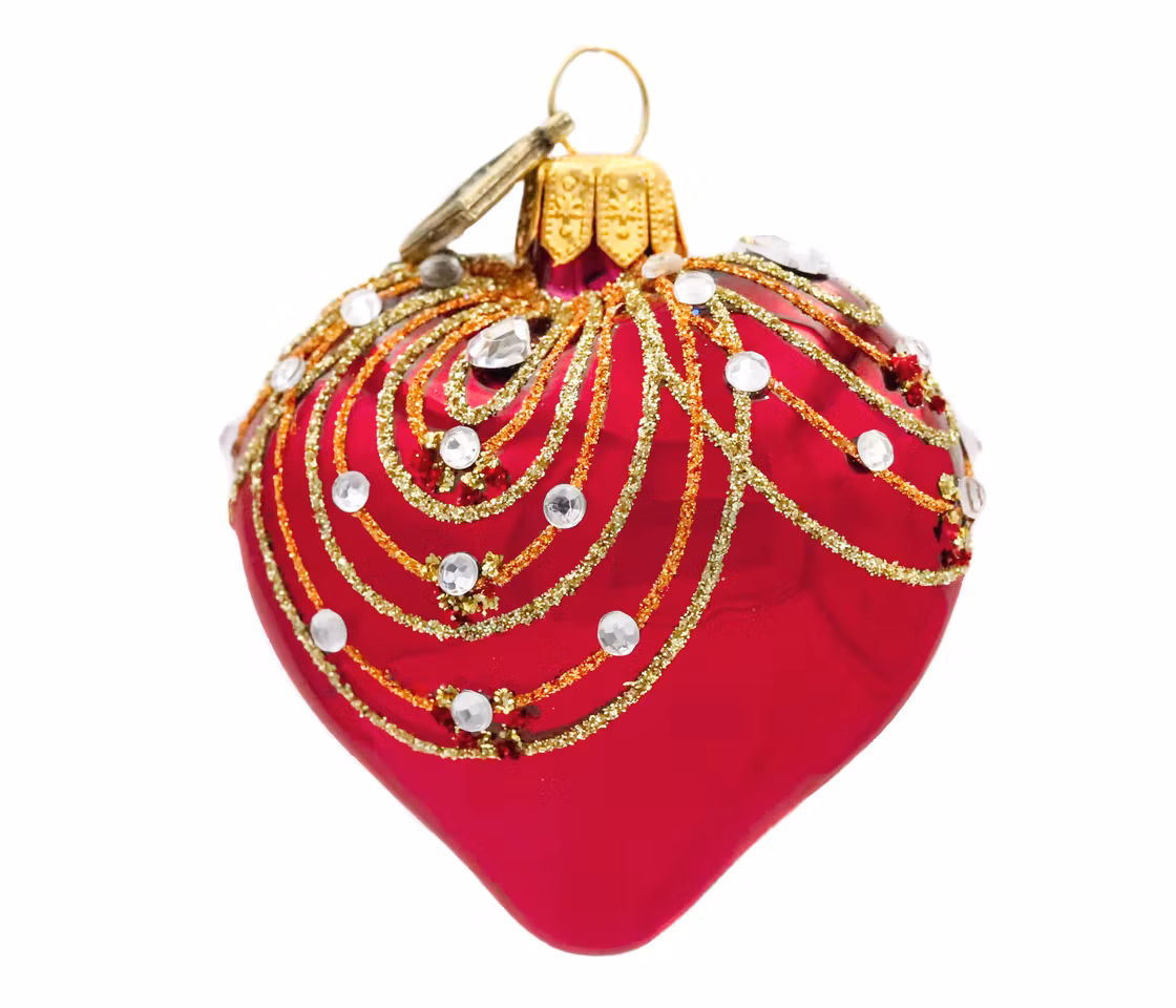 Gyldne sirkler, 5cm hånddekorert glasshjerte