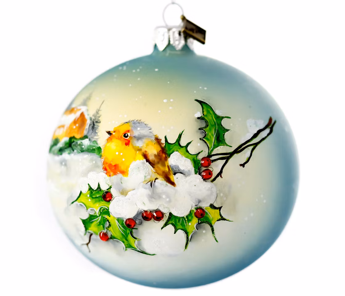 Rødstrupe, 10cm hånddekorert glasskule