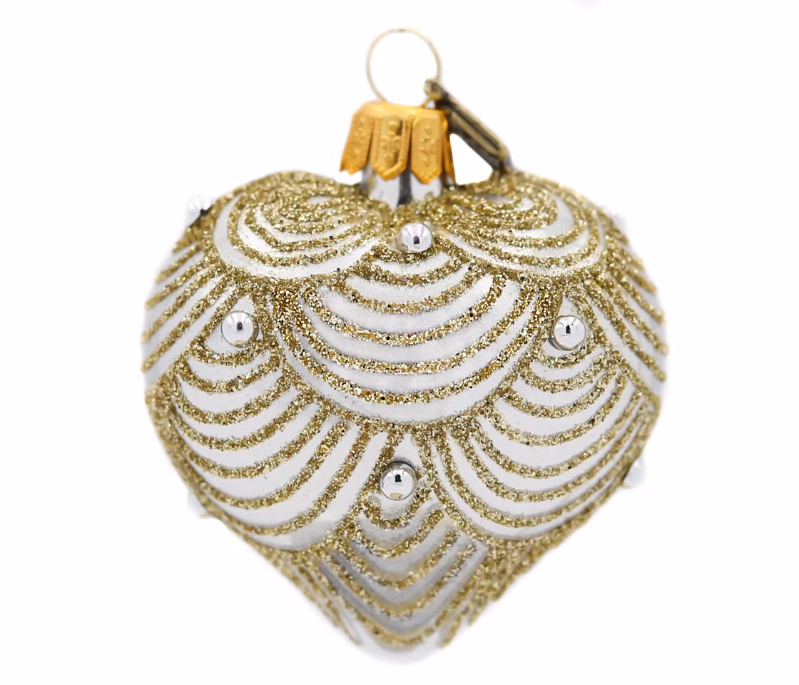 Gyldne skjell, 5cm hånddekorert glasshjerte