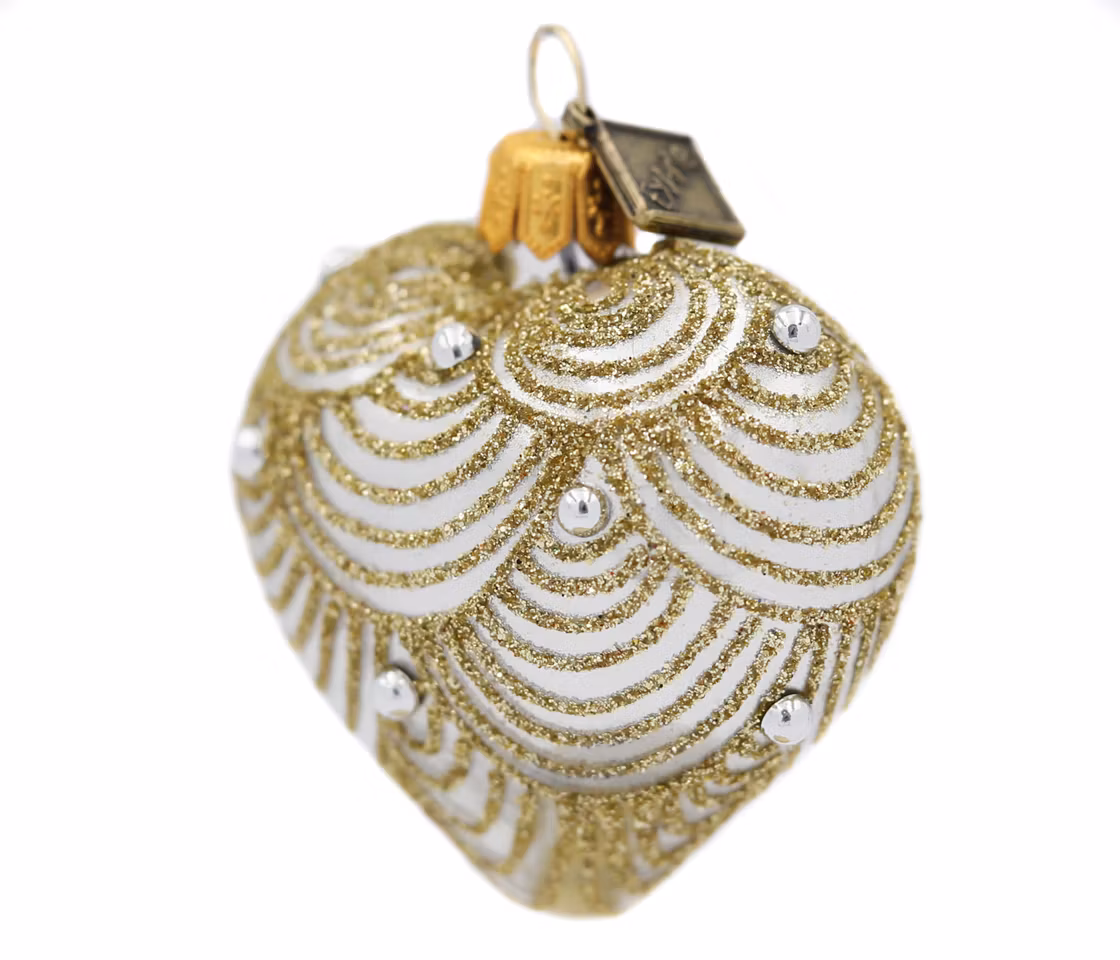 Gyldne skjell, 5cm hånddekorert glasshjerte