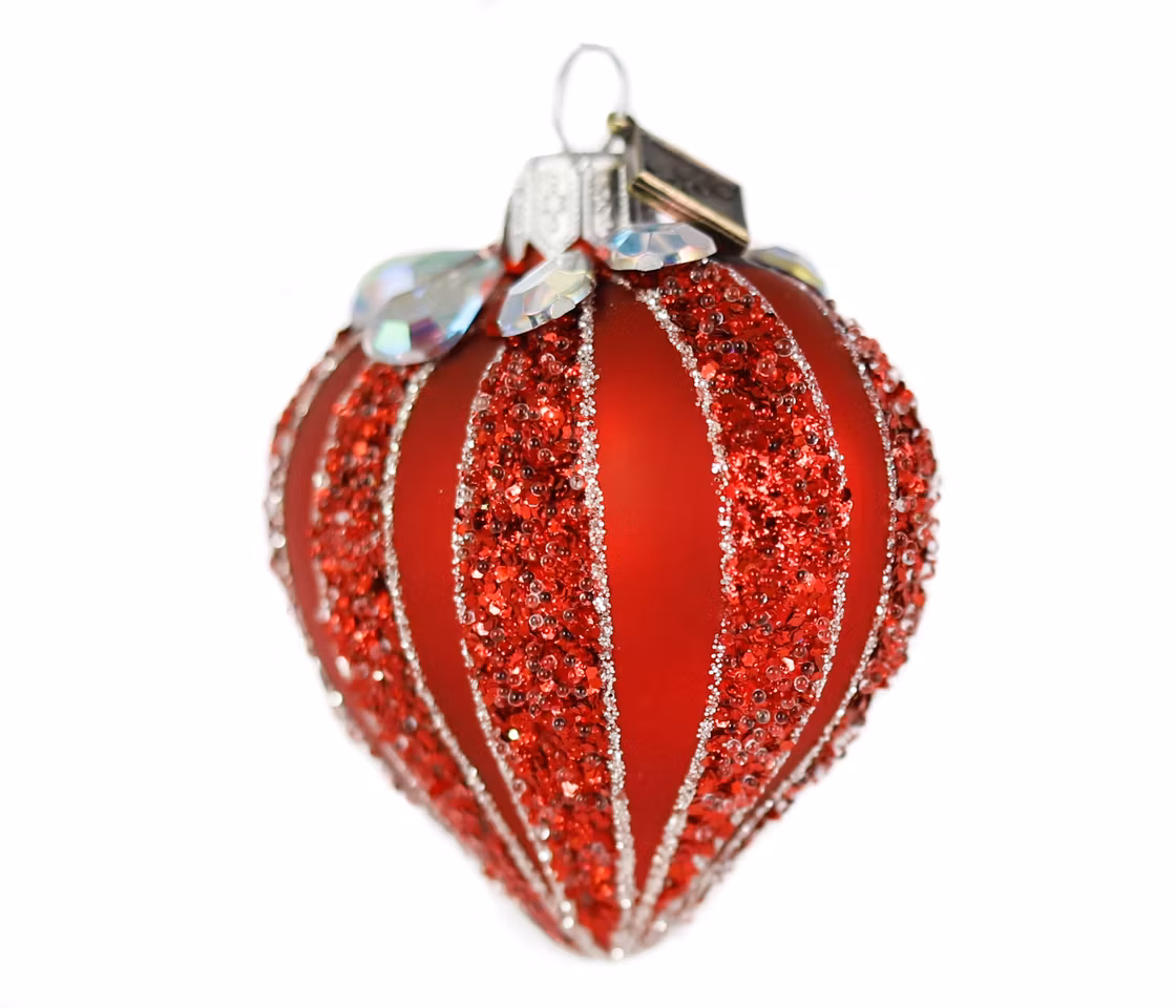 Glitterrød, 5cm hånddekorert glasshjerte