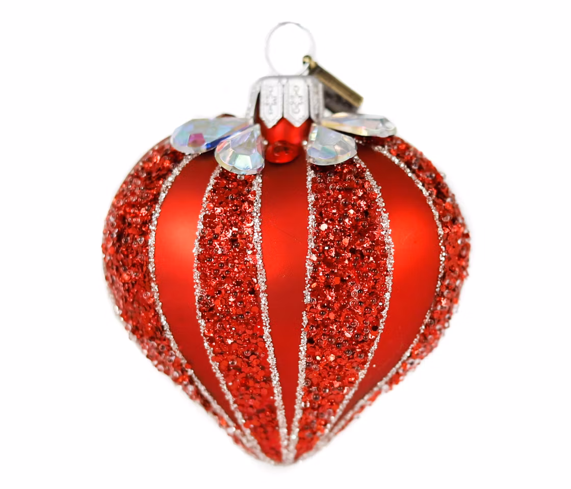 Glitterrød, 5cm hånddekorert glasshjerte