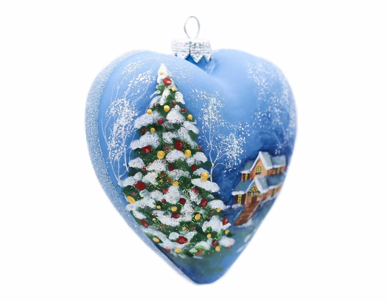 Vinterkos, 10cm hånddekorert glasshjerte