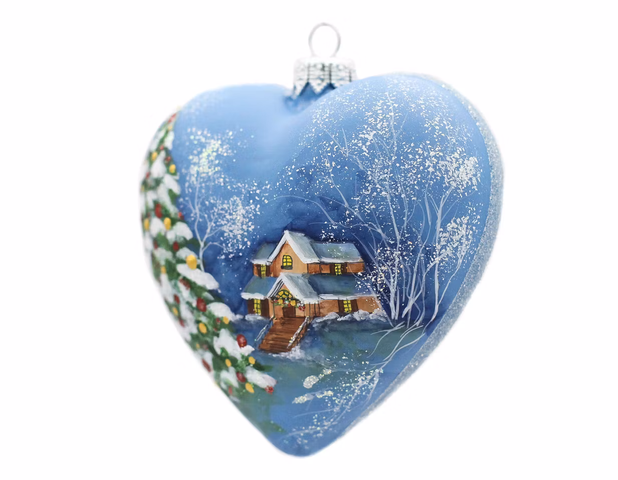 Vinterkos, 10cm hånddekorert glasshjerte