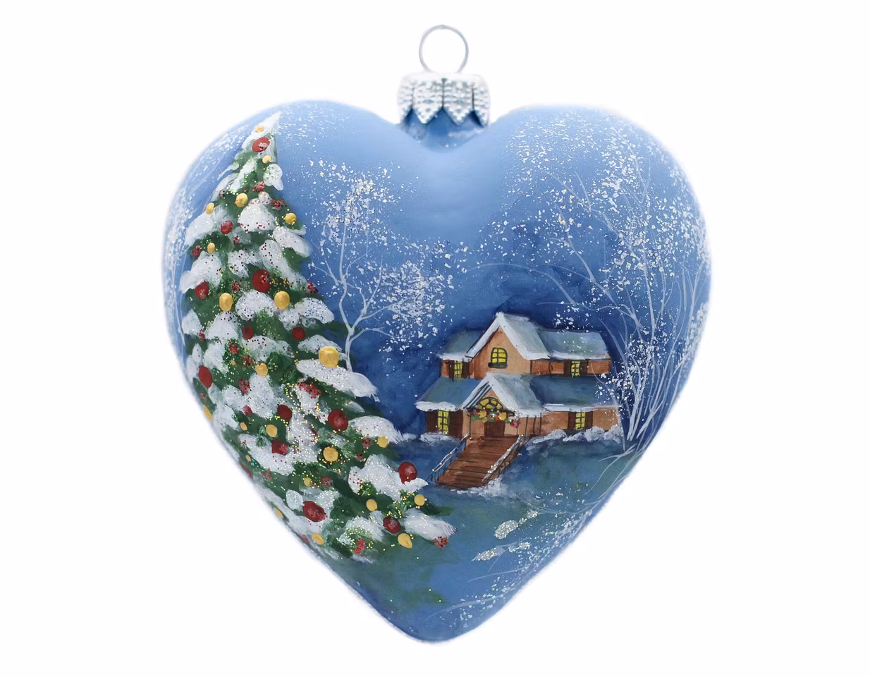 Vinterkos, 10cm hånddekorert glasshjerte