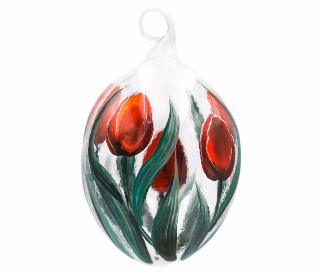 Røde tulipaner, 7,5 cm hånddekorert glass-egg