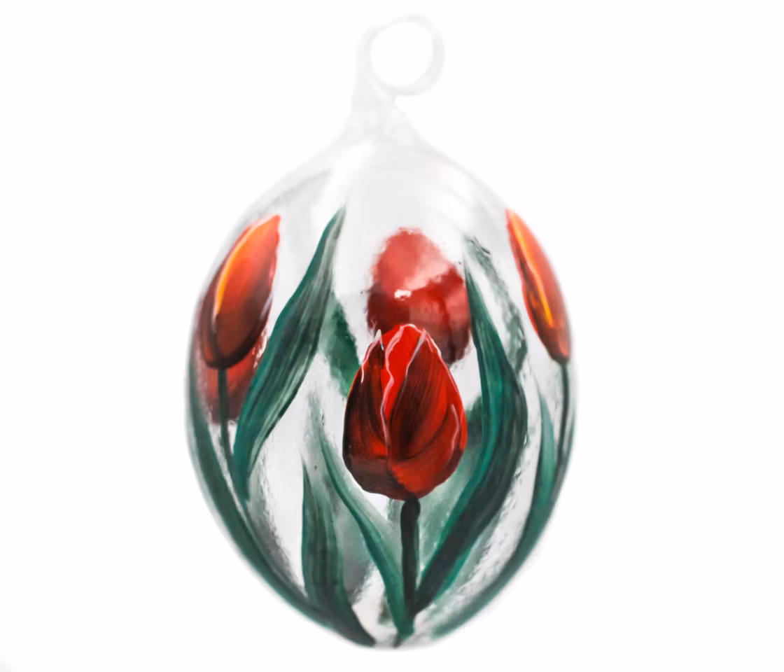 Røde tulipaner, 7,5 cm hånddekorert glass-egg