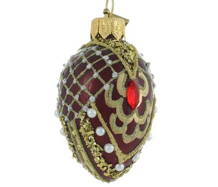 Rubiner og perler, 7 cm hånddekorert glass-egg