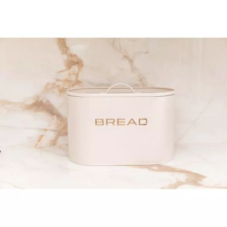Beige brødboks med gullskrift
