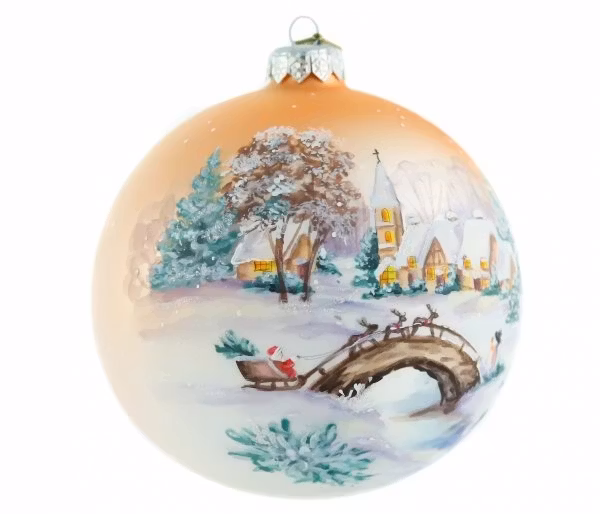 Julenissen kommer, 12 cm hånddekorert glasskule