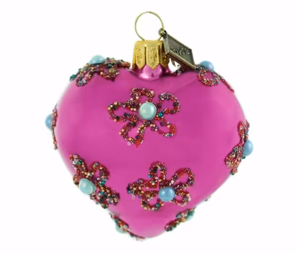 Rosa perle, 5 cm hånddekorert glasshjerte