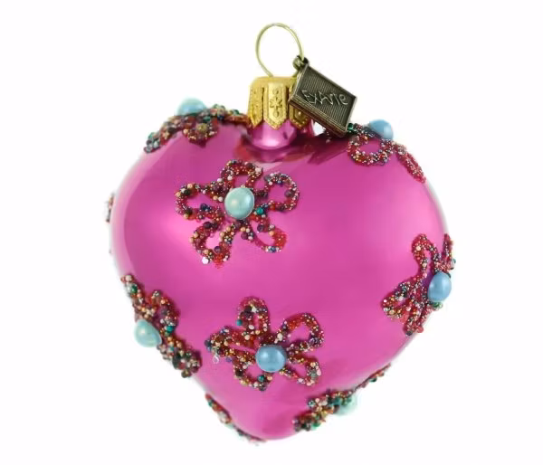 Rosa perle, 5 cm hånddekorert glasshjerte