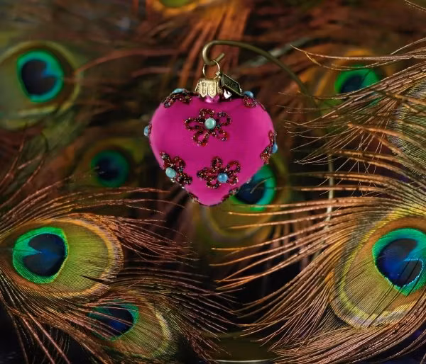 Rosa perle, 5 cm hånddekorert glasshjerte