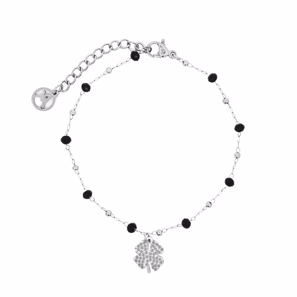 Armbånd firkløver med rhinstone sølv & svart