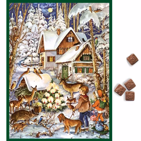 Adventskalender m/sjokolade "Julenatt med dyrene" i papir