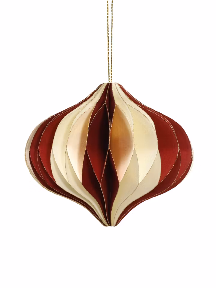 Julekule løkform beige/burgunder i håndlaget resirkulert papir 9,5cm