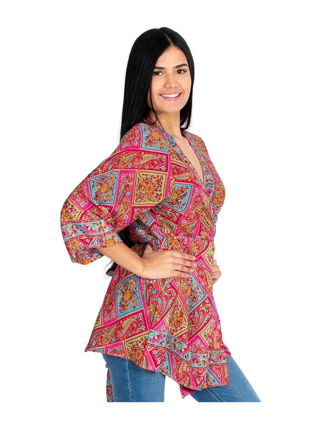 Bluse rosa silke med 3/4 arm