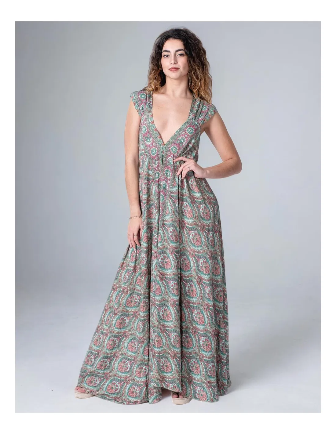 Kjole grønn & rosa i silke