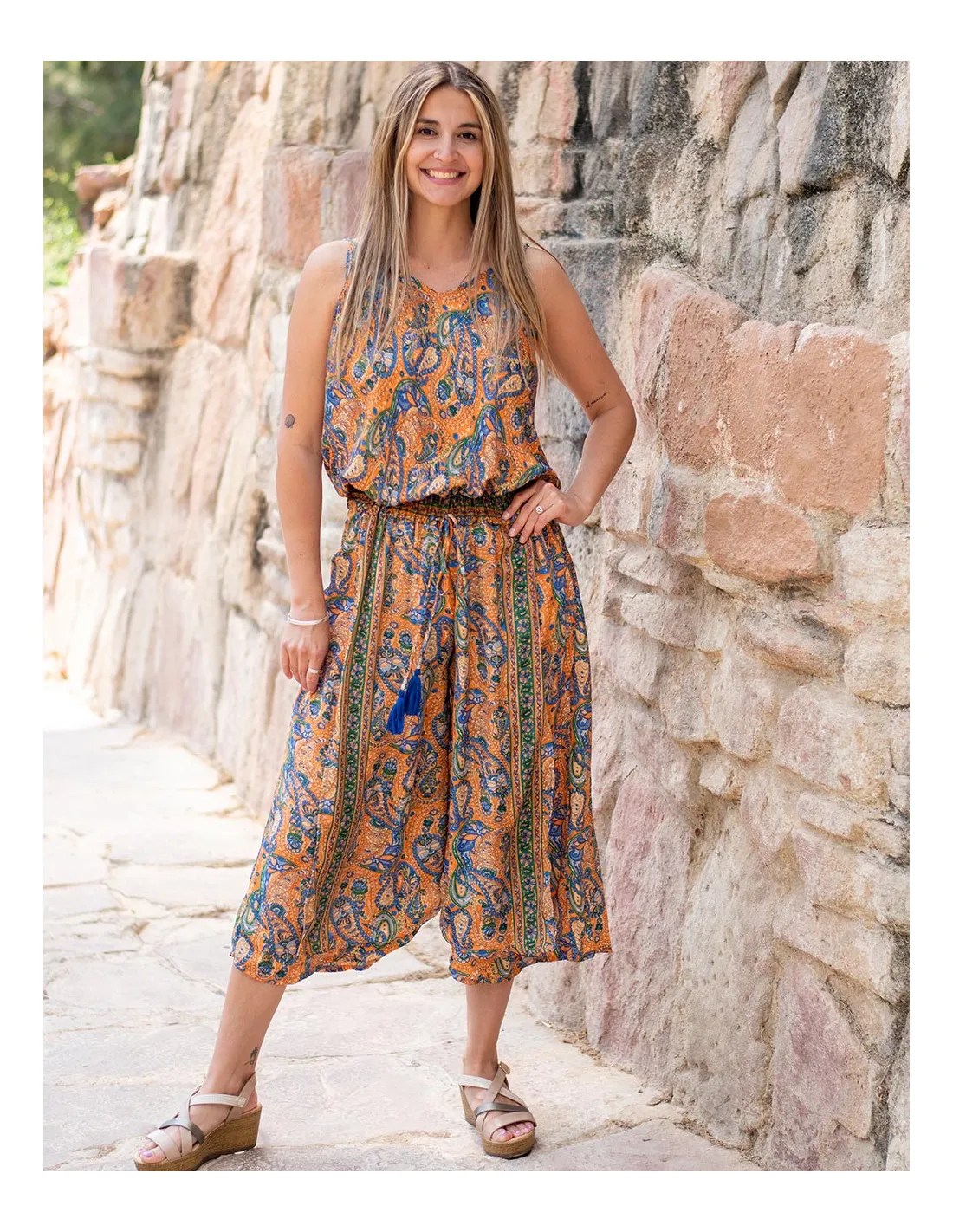 Jumpsuit oransje & blå i silke