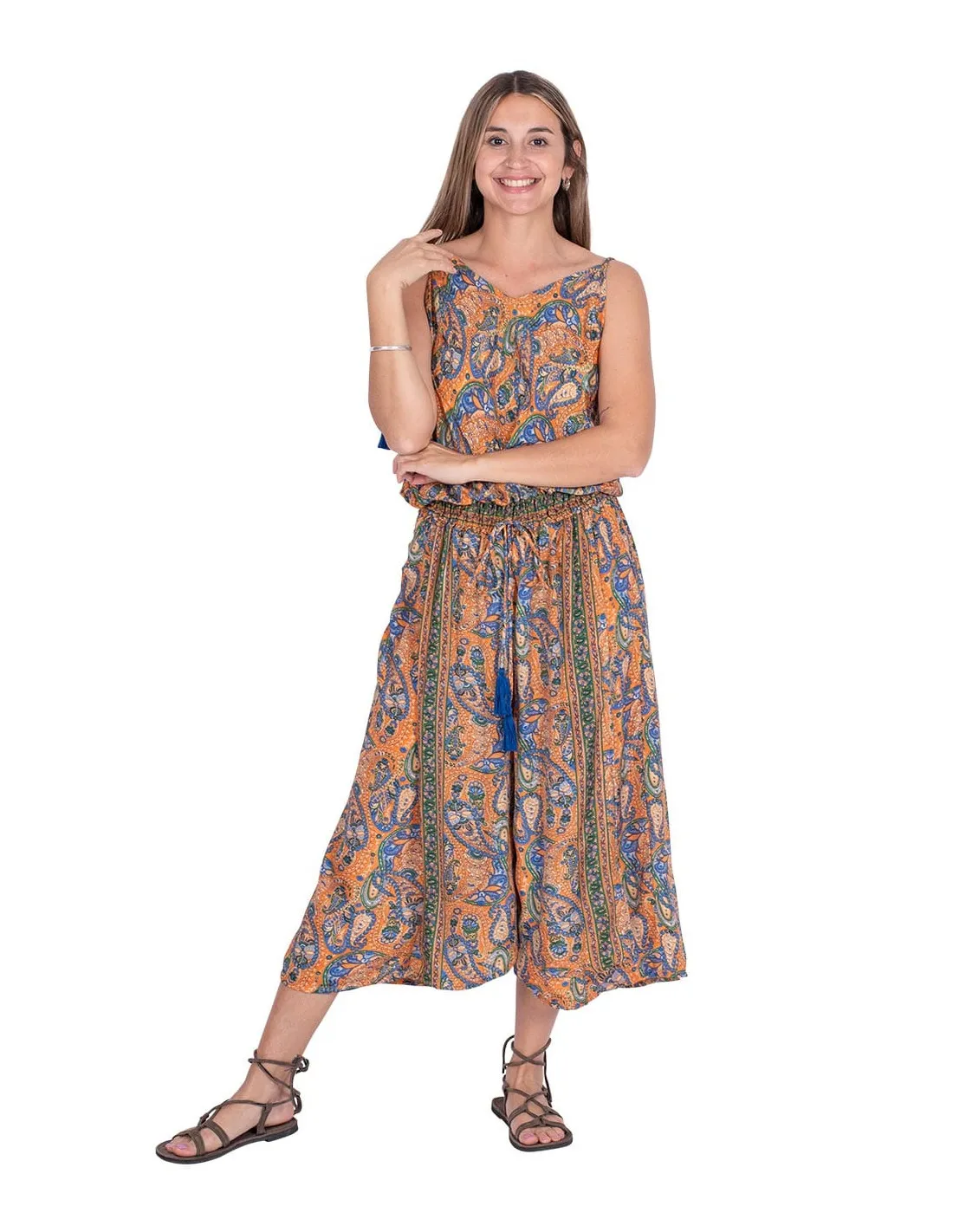 Jumpsuit oransje & blå i silke