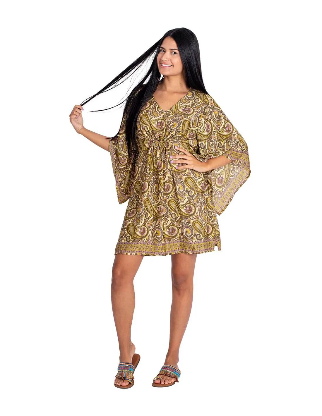 Kjole kort gul paisley i silke